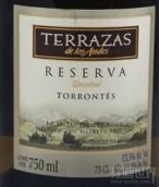 安第斯台阶珍藏特浓情白葡萄酒(Terrazas de los Andes Reserva Unoaked Torrontes, Cafayate, Argentina)