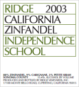 山脊“獨立學?！毕煞埙旄杉t葡萄酒(Ridge Independence School Zinfandel, Sonoma County, USA)