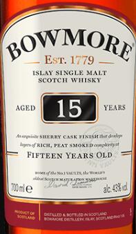 Bowmore Aged 15 Years Single Malt Scotch Whisky, Islay, UK-波摩