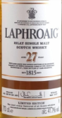 拉弗格27年蘇格蘭單一麥芽威士忌(Laphroaig Aged 27 Years Single Malt Scotch Whisky, Islay, UK)