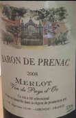 普萊亞克男爵梅洛干紅葡萄酒(Baron de Prenac Merlot, Gironde, France)