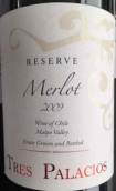 三宮殿酒莊珍藏梅洛干紅葡萄酒(Tres Palacios Reserve Merlot, Maipo Valley, Chile)