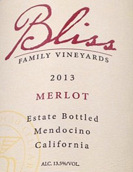 比利斯酒莊梅洛干紅葡萄酒(Bliss Family Vineyards Merlot, Mendocino County, USA)