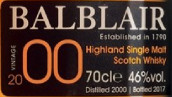 巴布萊爾2000年份蘇格蘭單一麥芽威士忌(Balblair 2000 Vintage Single Malt Scotch Whisky, Highlands, UK)