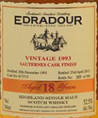 埃德拉多爾1993年份18年蘇玳桶陳蘇格蘭單一麥芽威士忌(Edradour Vintage 1993 Aged 18 Years Sauternes Cask Finish Highland Single Malt Scotch Whisky, Highlands, UK)