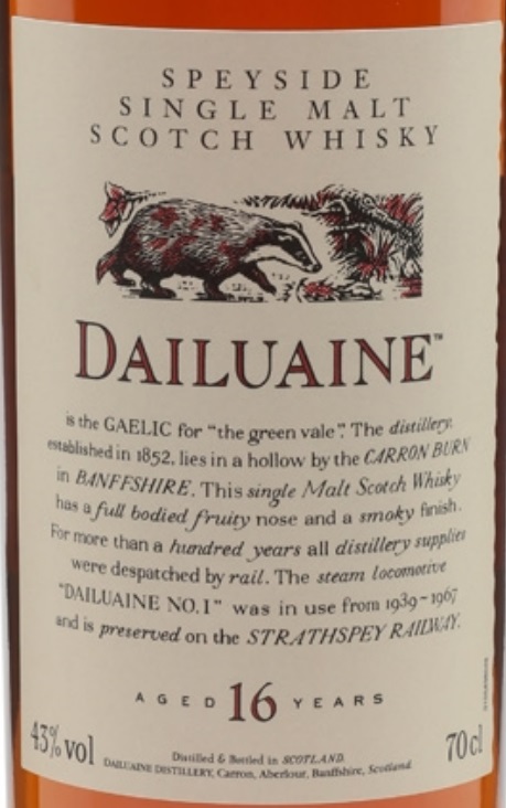 Dailuaine Aged 16 Years Single Malt Scotch Whisky, Speyside, UK