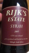 瑞奇酒莊西拉干紅葡萄酒(Rijk's Estate Syrah, Tulbagh, South Africa)